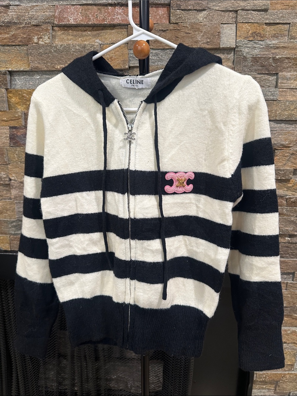 Black and Cream Striped Hooded Zip Sweater with Pink Logo size S